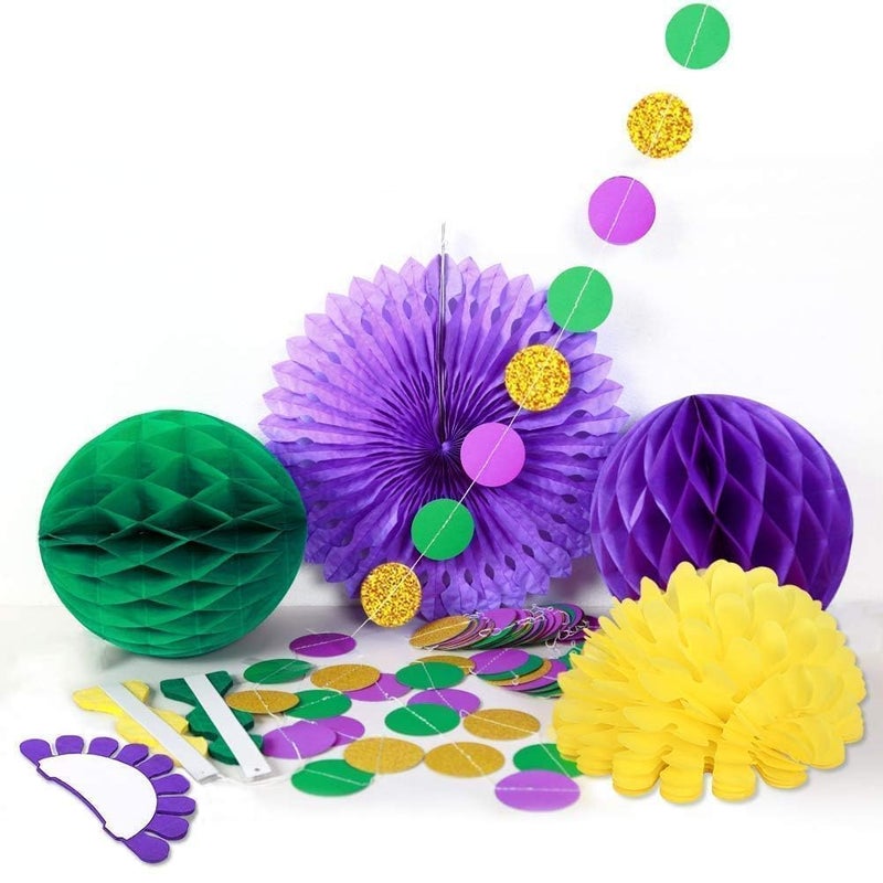 Decor365 Gold Purple Green Mardi Gras Party Decorations Glitter Circle Garlands Banner Hanging Paper Fan Tissue Pompoms Fat Tuesday Mardi Gras Birthday Bachelorette Bridal Cavinal Party Decor - Image 3
